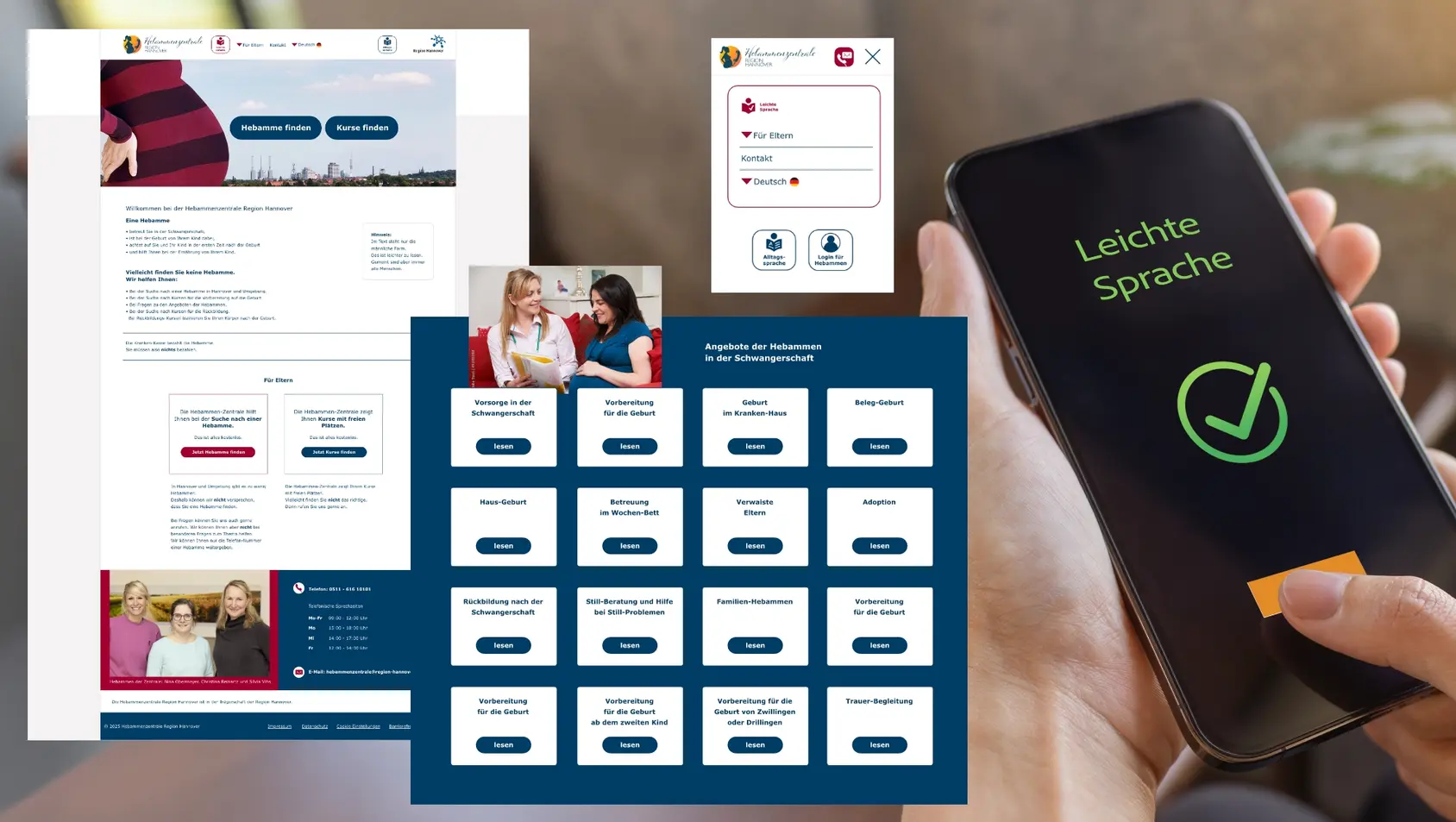 Hebammenzentrale Website mit barrierefreien Funktionen und Leichter Sprache