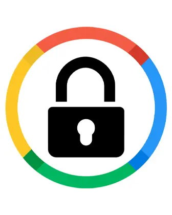 Zeichnung eines Sicherheitsschloss mit Kreis in Google-Farben darum