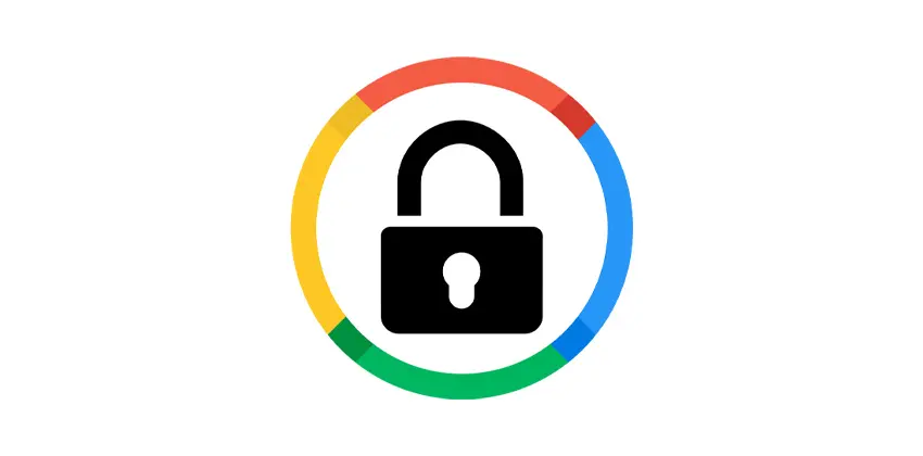 Zeichnung eines Sicherheitsschloss mit Kreis in Google-Farben darum