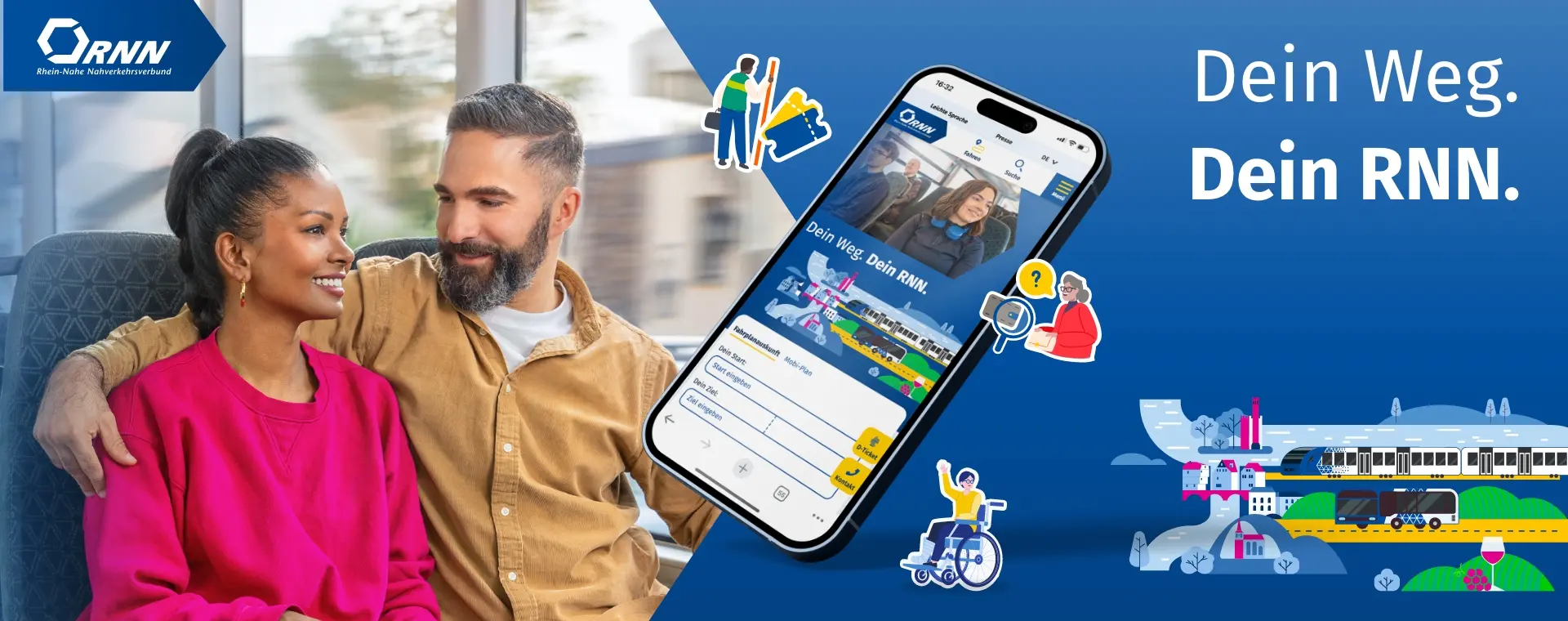 Lächelndes Paar im Zug neben der RNN-App auf einem Smartphone zur digitalen Fahrplanauskunft und Reiseplanung.