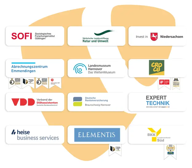 Grafik mit TYPO3-Logo, Kunden- und Award-Logos, TYPO3 Gold-Partner Agentur Hannover