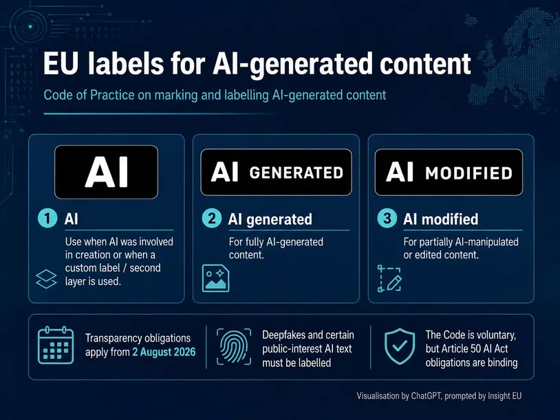 Image of the three new official AI labeling symbols from the European Commission. Shown are the circular base icon with the text ‘AI,’ the icon for fully generated content ‘AI GENERATED,’ and the icon for modified content ‘AI MODIFIED,’ each displayed in white text on a dark background.