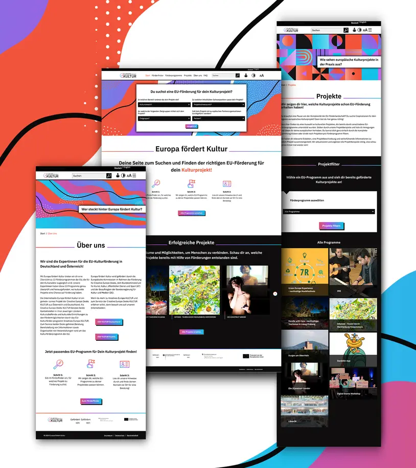 Europa Fördet Kultur Website mit drei Beispielen