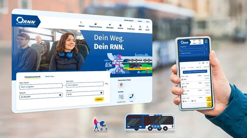 RNN-App auf Smartphone und Desktop mit barrierefreiem, responsivem Design für Fahrplanauskunft und Mobilitätsservices.
