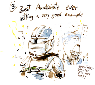 Mandalorianer mit Mundschutz, darüber Text "Best Mundschutz ever setting a very good example"