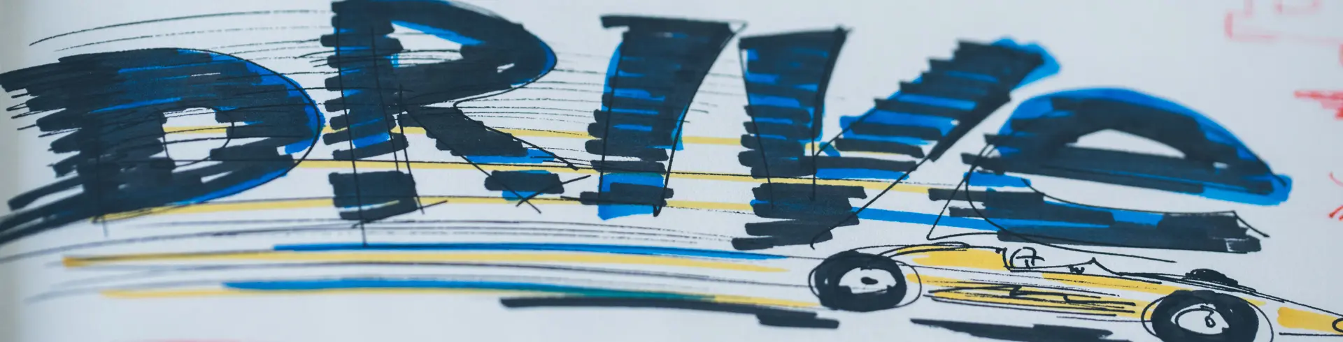 Zeichnung des Schriftzugs DRIVE mit Auto