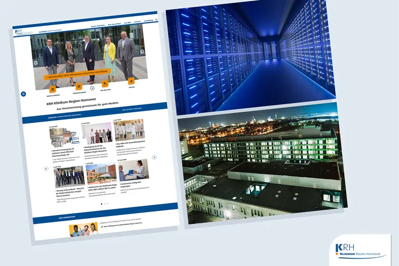 KRH-Website mit Servern und Klinikgebäuden als Darstellung der digitalen und technischen Infrastruktur.