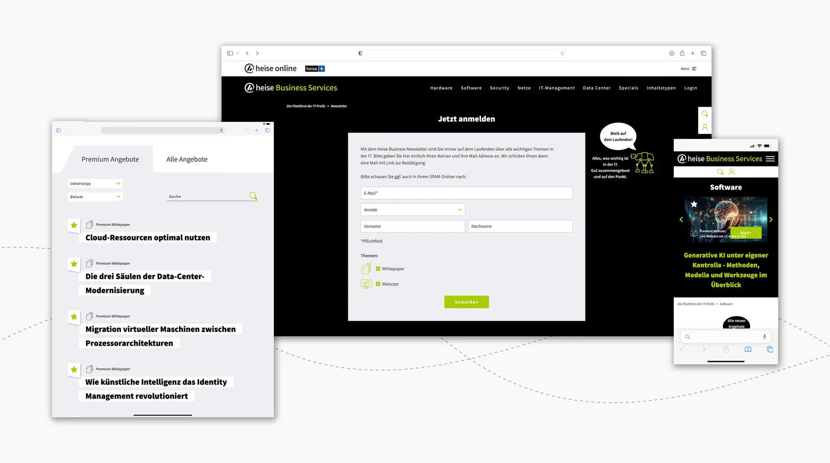 Heise Business Services website in three screen formats