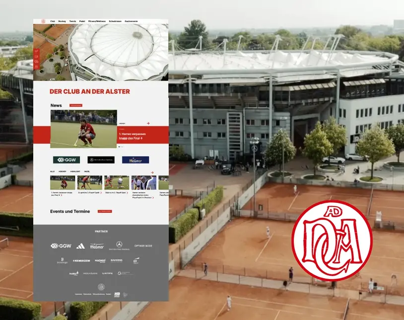 Grafik mit Sportanlagen im Hintergrund und einer Darstellung der DCadA-Website mit DCadA-Logo.