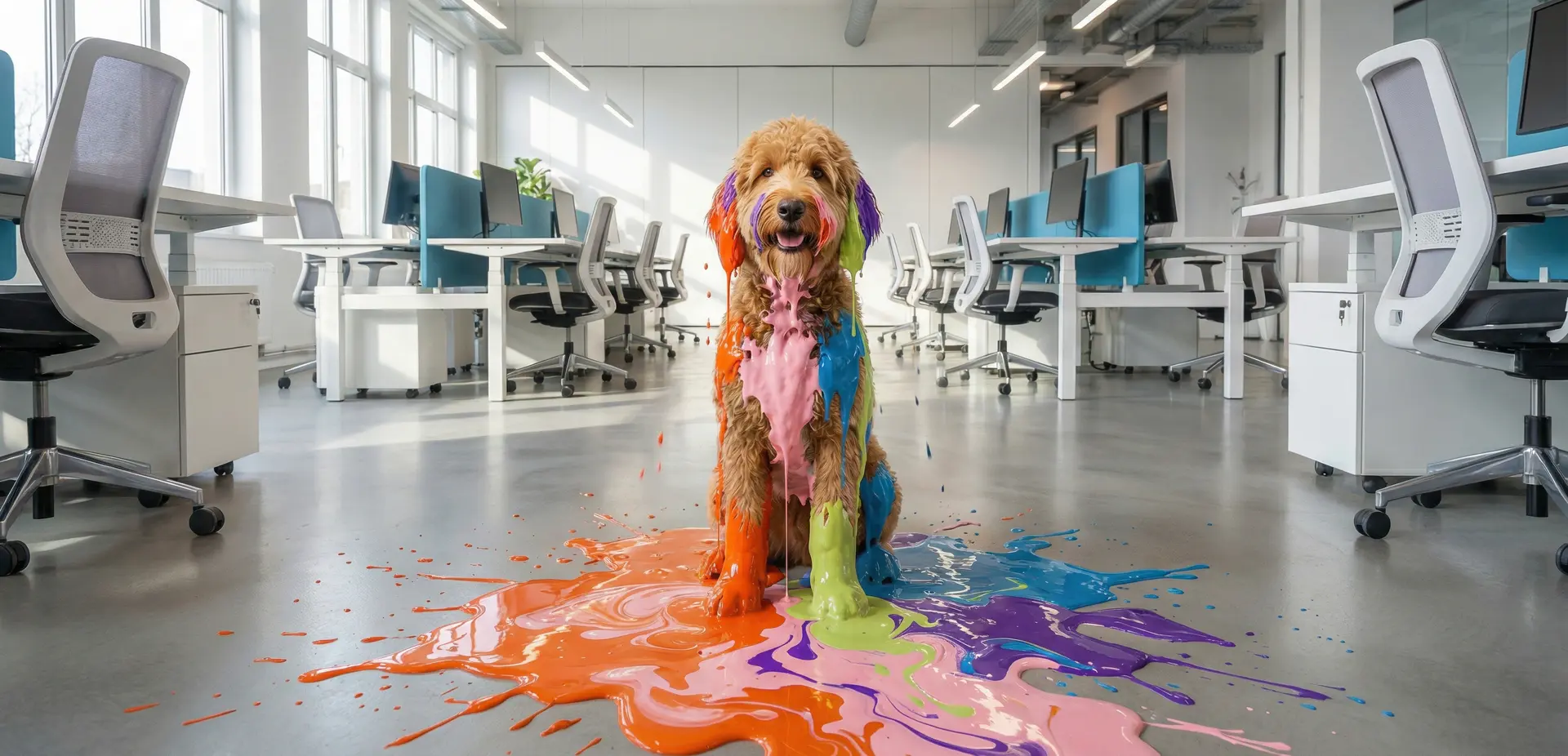 Hund mit farbiger Farbe bedeckt als Symbol für kreative KI-gestützte Film- und Animationsproduktion