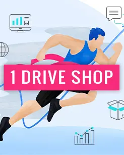 Zeichnung von Sprinter, der die Ziellinie überquert, darüber Schrift "1 Drive Shop"