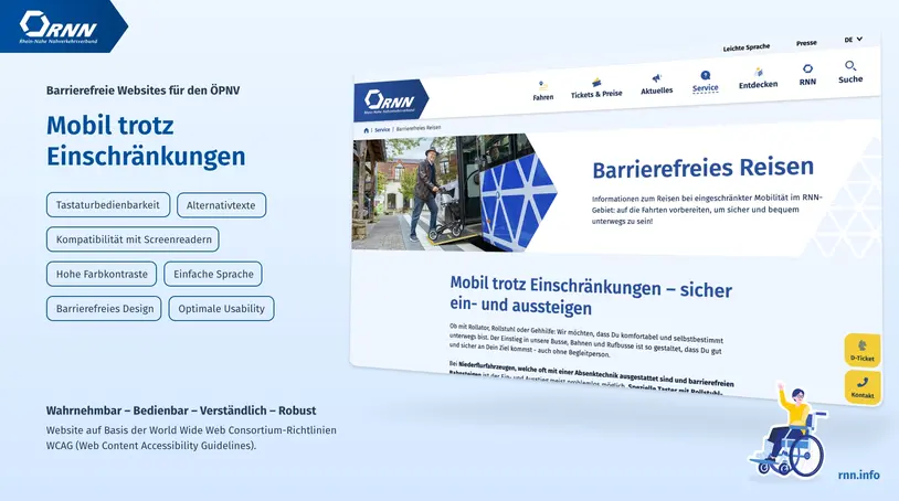 RNN-Webseite mit der Rubrik „Barrierefreies Reisen“ und Informationen zu digitalen Barrierefreiheitsfunktionen für Fahrgäste.
