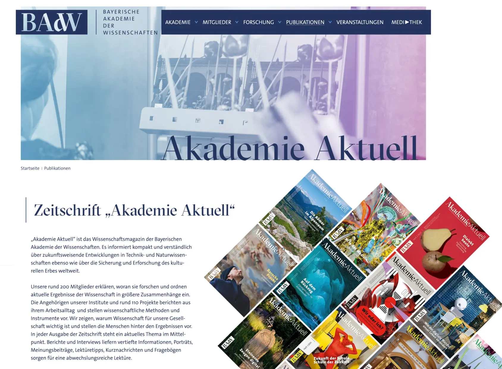 Webseite der Zeitschrift „Akademie Aktuell“ der Bayerischen Akademie der Wissenschaften mit einer Auswahl aktueller Magazinausgaben.