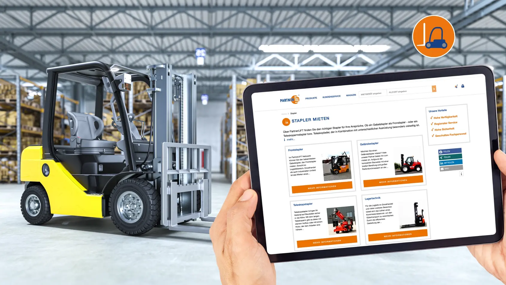 The Partner-Lift website on the tablet, featuring a photo of the forklift