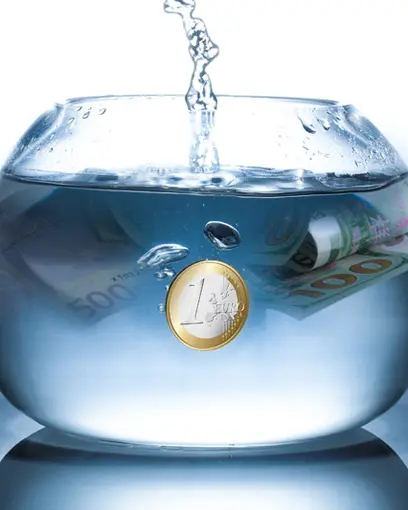 Geld, das in einer Goldfisch-Schüssel versinkt