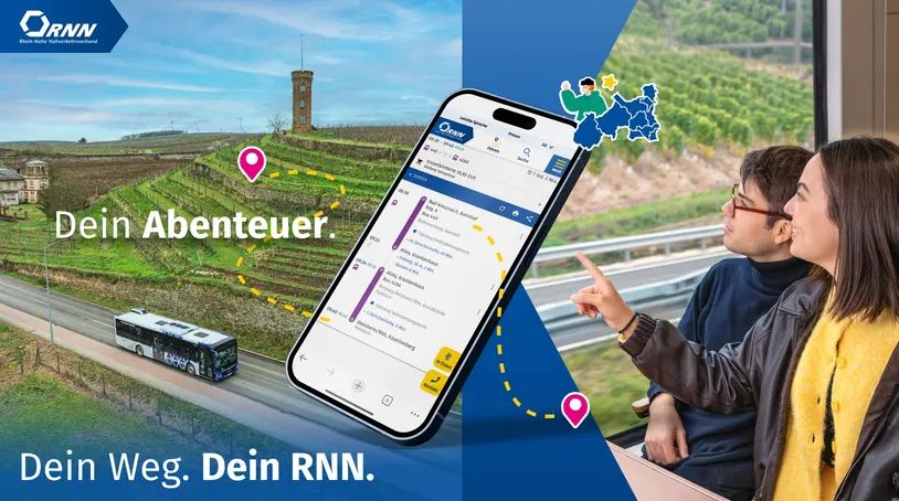 Grafik eines Paares im Zug mit Blick auf Weinberge und einem Bus auf der Strecke.