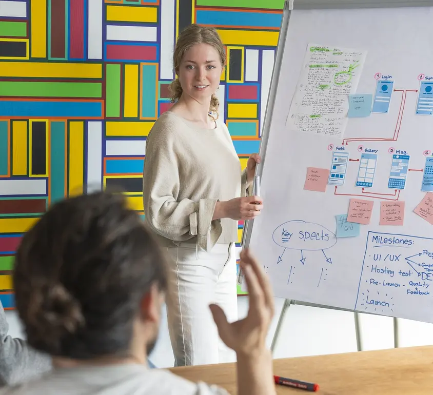 Photo of a workshop with one person at a whiteboard and other participants seen from behind.