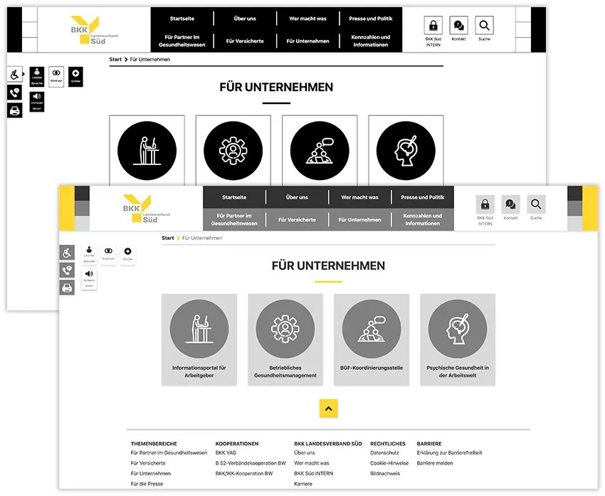 BKK website with examples of accessibility features