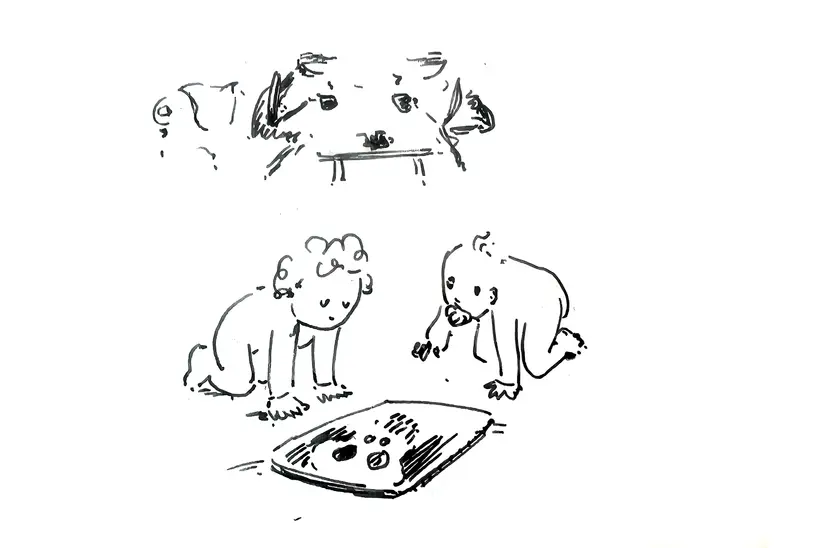 Zeichnung von kleinen Kindern, die mit einem Tablet spielen, auf dem ein Totenkopf zu sehen ist.