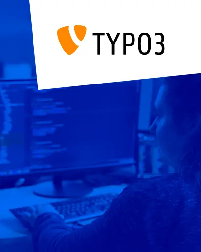 Typo3-Logo mit blauem Bild eines Entwicklers von DRIVE – Medienagentur aus Hannover.