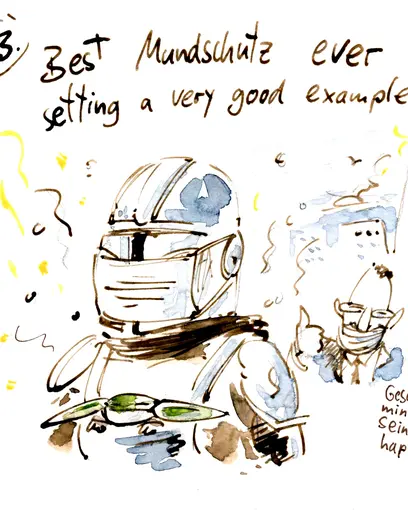 Mandalorianer mit Mundschutz, darüber Text "Best Mundschutz ever setting a very good example"