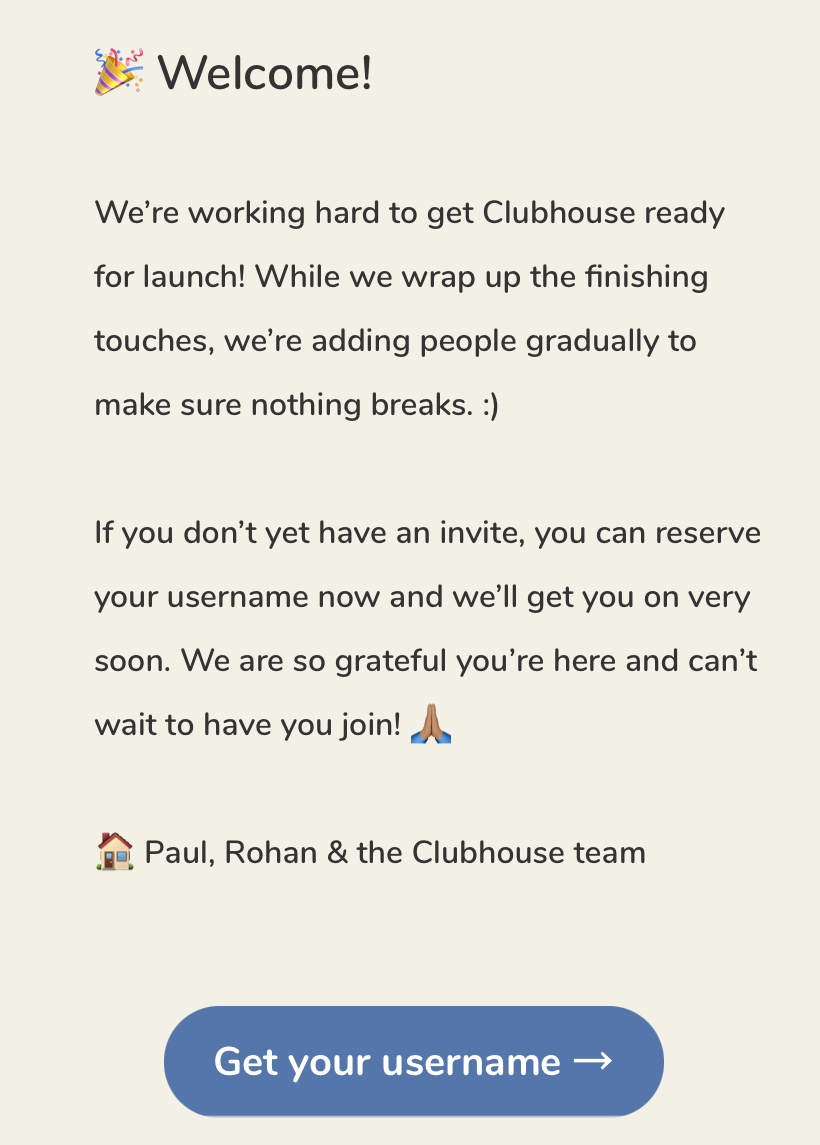 Screenshot Clubhouse Willkommens-Nachricht