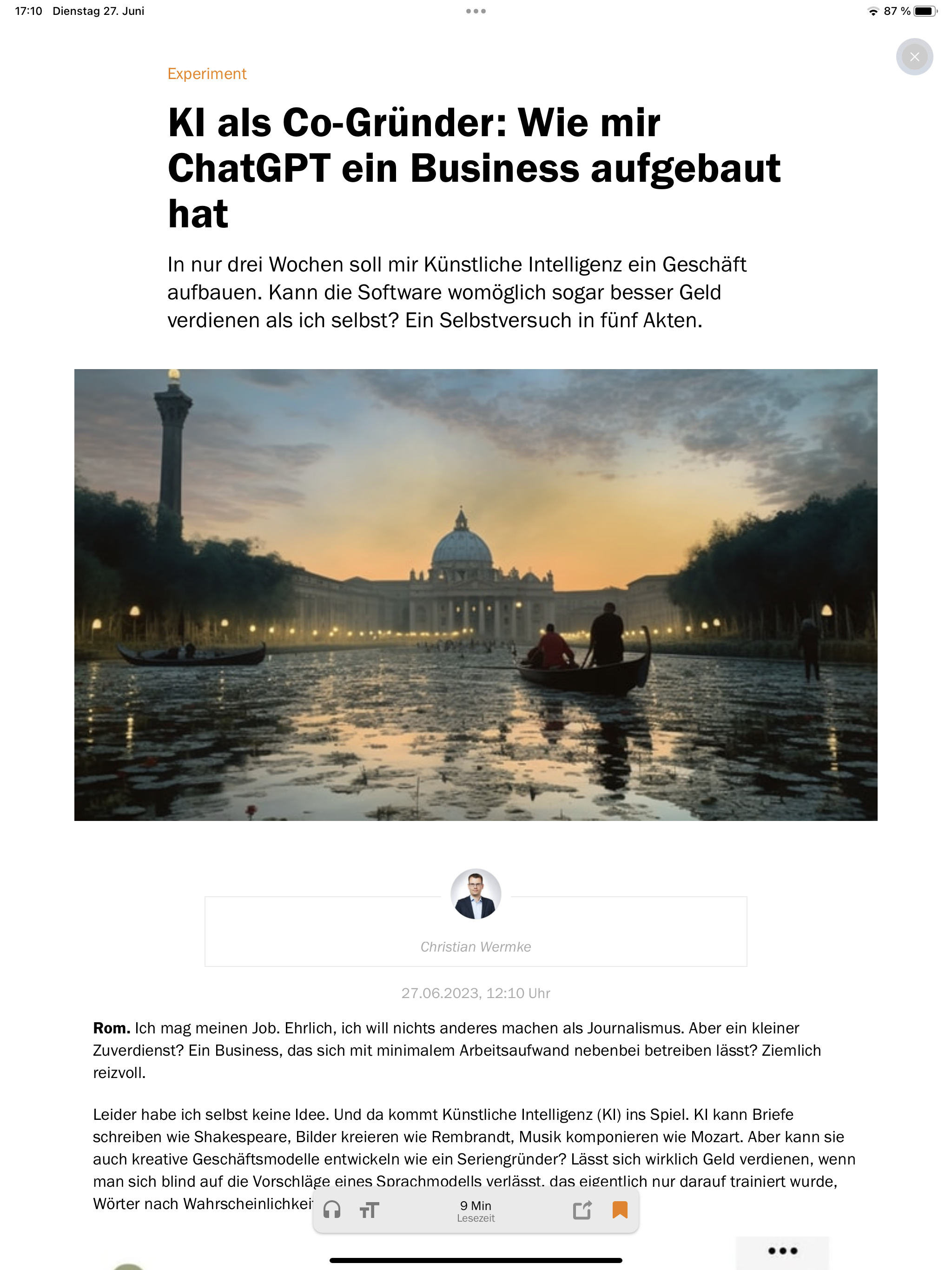 Presse-Schlagzeile: Experiment, KI als Co-Gründer: Wie mir ChatGTP ein Business afugebaut hat. In nur drei Wochen soll mir KI en Geschäaft afubauen. Kann die Software womöglich sogar besser Geld verdienen als ich selbstP Ein Selbsversuch in fünf Akten.