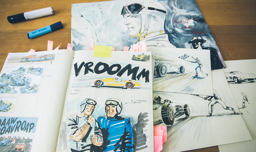 Zeichnungen von Rennfahrern und Autos mit Text "VROOMM"