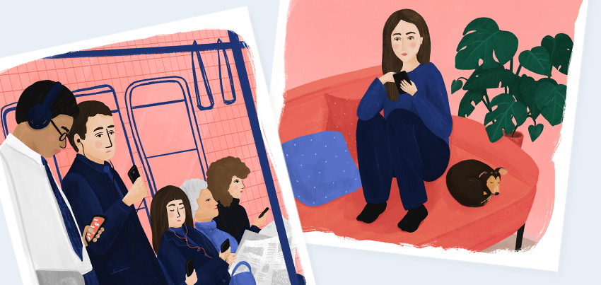 Zeichnung von Menschen in der Bahn am Smartphone und Frau alleine zuhause am Smartphone